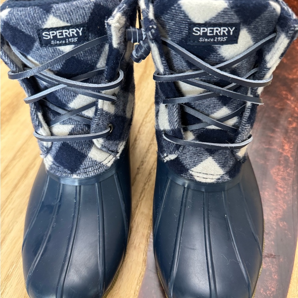 Kids Sperry Navy and White Plaid Duck Boots